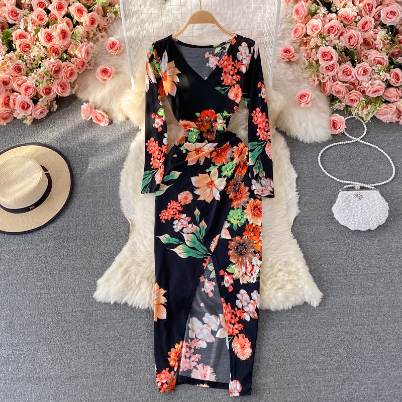 Robe portefeuille sexy à col en V et imprimé slim 2910
