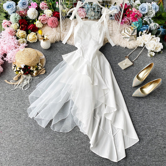 Suspender skirt white backless dress  2875