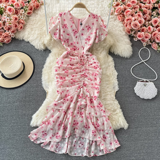 Ruffled V-neck fishtail buttock Chiffon Floral Dress  3067