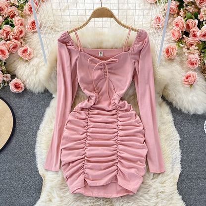 Robe portefeuille sexy à manches bouffantes, coupe slim, à lacets, plissée, col carré, 2917