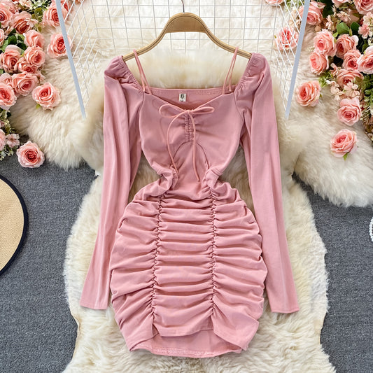 Sexy bubble sleeve slim fit lace up pleated square neck wrap hip dress  2917