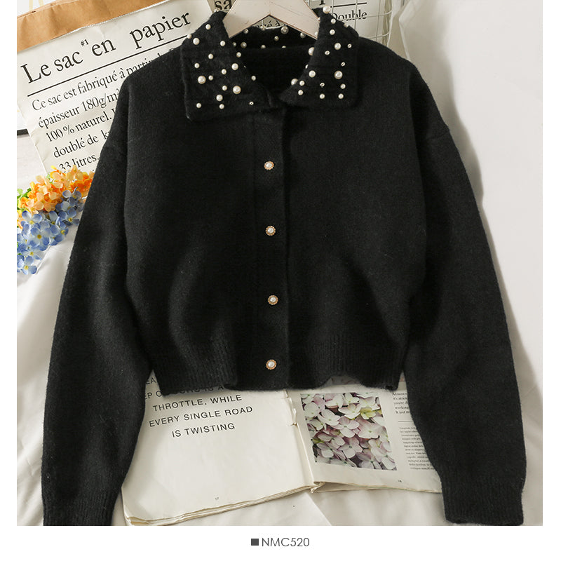 Pull cardigan slim à simple boutonnage avec revers perlés 2034