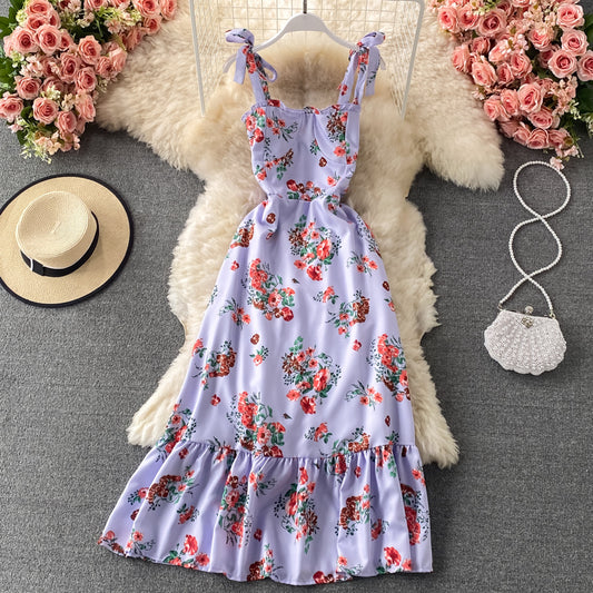 Robe à volants mi-longue à motif floral avec nœud papillon 3316