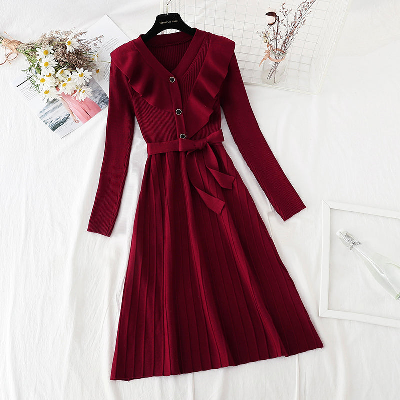 Ruffle lace up waist slim red dress  2184