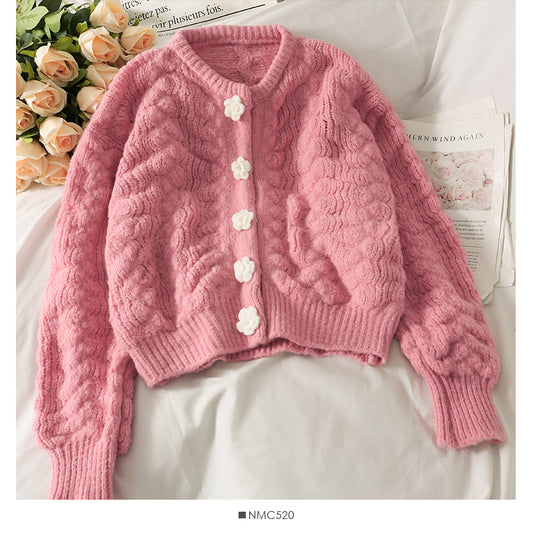 Pull cardigan à boutonnage simple en fleur tridimensionnelle Sweet Wind pour femme 1705