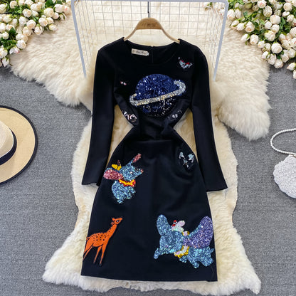 Robe à col rond slim à paillettes brodées de l'industrie lourde 3271