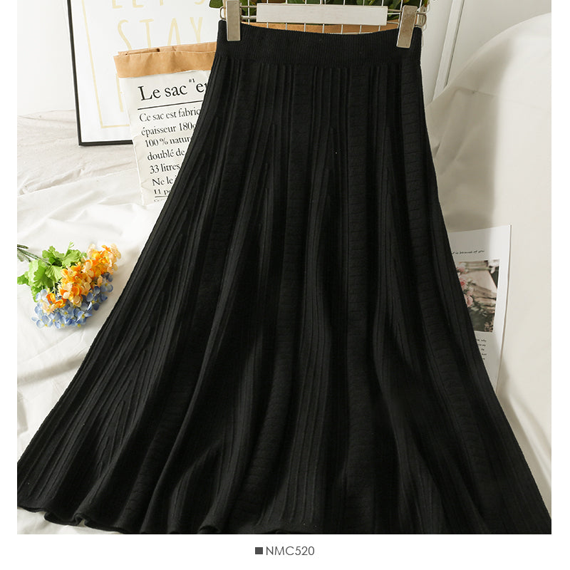Hong Kong style retro vertical stripe elastic waist thin solid A-line skirt  2625