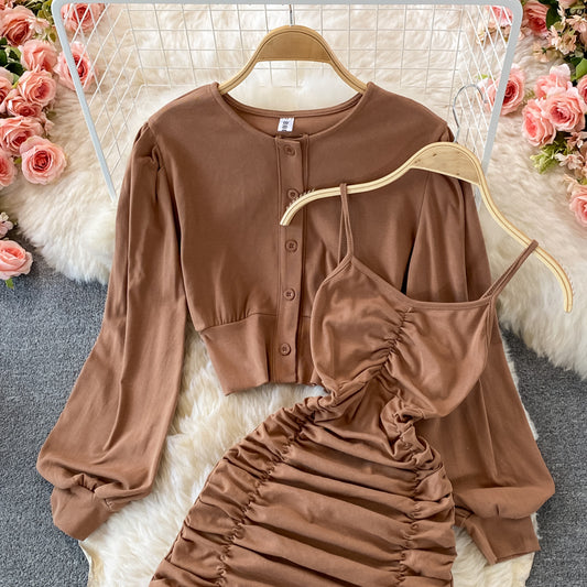 Slim suspender skirt Ruffle wrap hip dress  2859