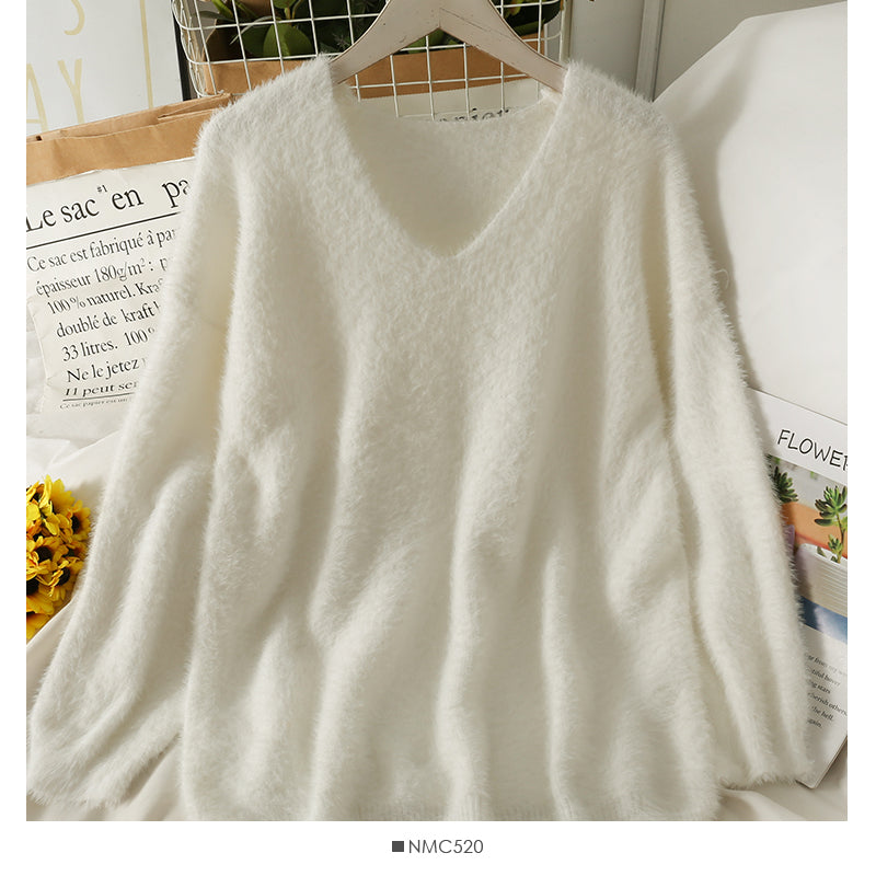 Pull ample et moulant à manches longues et col en V pour femme, couleur unie, Versati 1964