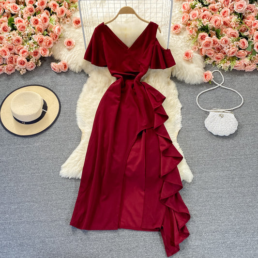 Robe col V jupe fendue atmosphérique haut de gamme 2999