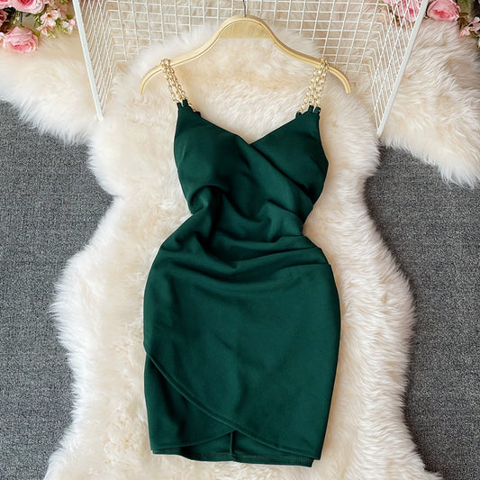 Slim wrap hip skirt low chest V-neck dress  2767