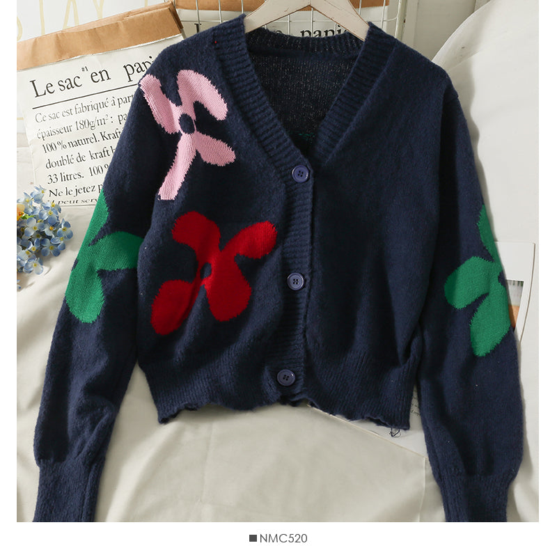 Pull slim à col bas et simple boutonnage imprimé pour femme, nouveau pull cardigan polyvalent à manches longues 2082