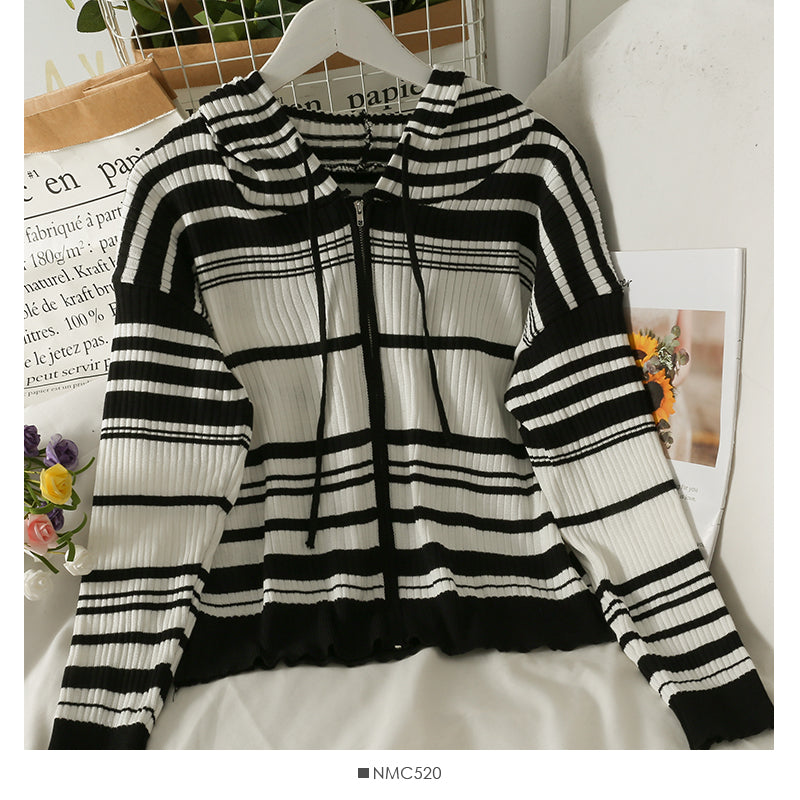 Cardigan à capuche avec cordon de serrage et fermeture éclair pour femme, pull fin à rayures coréennes, 2015