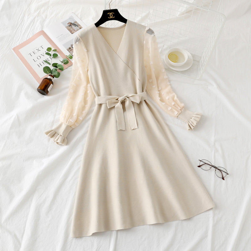 Bottomed skirt bubble sleeve lace stitching long sleeve knitted dress slim fit  2453