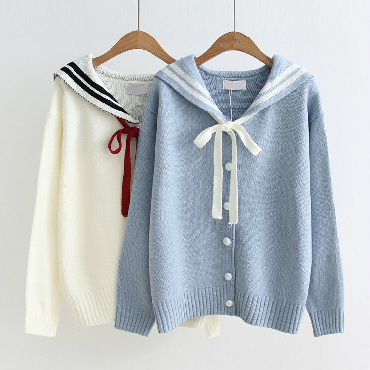Pull à manches longues à col bleu marine, cardigan en tricot avec nœud papillon pour étudiant 1414