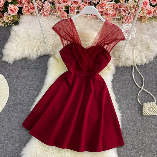 Solid color strapless dress is slim  2788