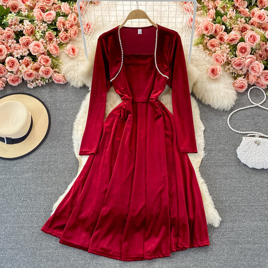 Hepburn style waist closed to show thin temperament, large swing skirt  3237