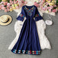 Robe de vacances ample en coton chanvre à manches trompettes brodées et col en V 2948