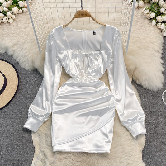 Pleated bubble sleeve square neck acetate satin dress Hip Wrap Dress  3023