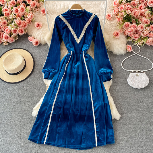 Slim waist with large swing stand neck velvet dress  3106
