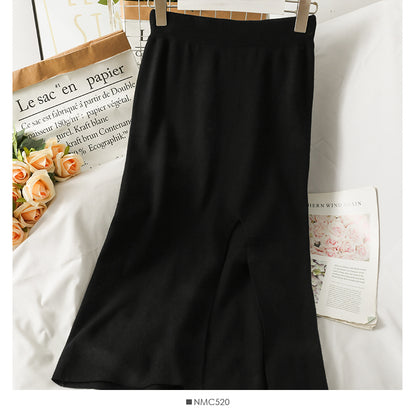 Korean split medium length solid color knitted skirt  2591