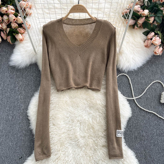 Pull slim taille haute à col en V uni pour femme 1609