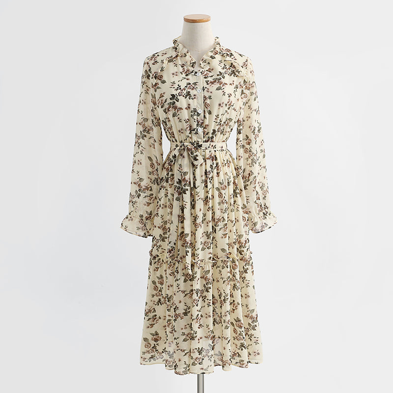 Temperament: slim waist, long sleeved chiffon dress with backing  2214