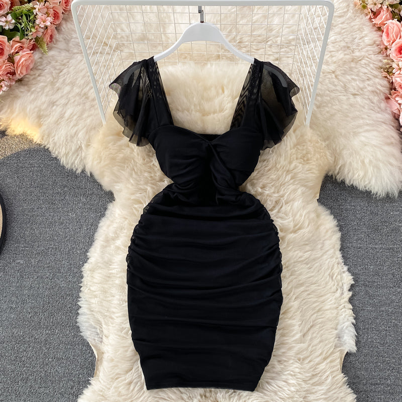 French sexy high waist thin pleated square neck wrap hip dress  2715