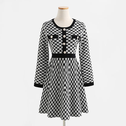 Small fragrance dress long sleeve slim thousand bird check skirt  2425