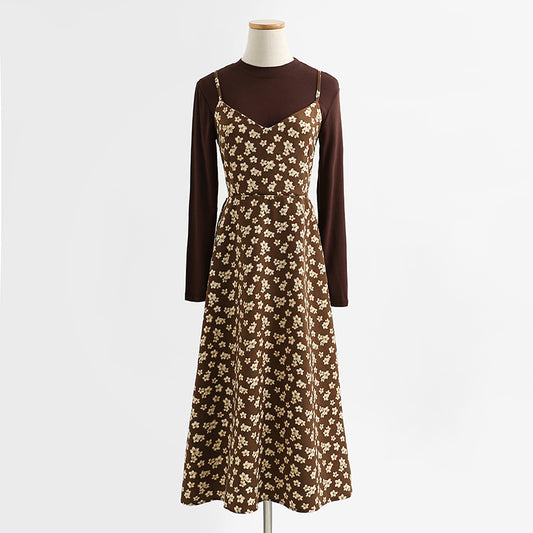 Floral skirt corduroy suspender dress women's two-piece suit  2177