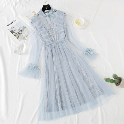 Heavy industry three-dimensional flower lace dress fairy mesh two-piece set  2466