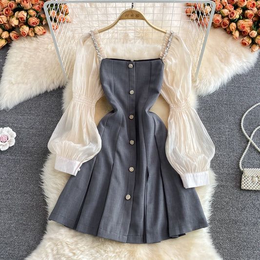 Narrow waist single breasted bubble sleeve square neck A-line dress  3117