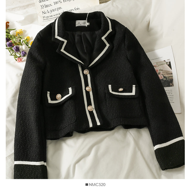 Striped tweed Lapel Blazer women's versatile single breasted long sleeved coat  2094