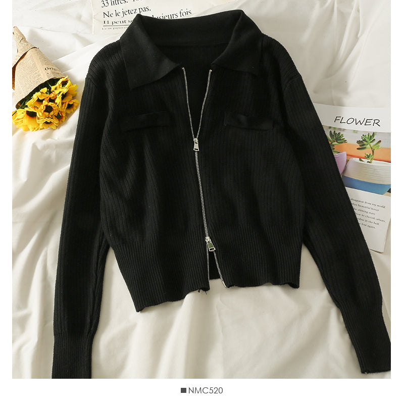 Cardigan zippé à revers et manches longues à rayures verticales 1830