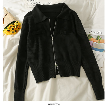 Cardigan zippé à revers et manches longues à rayures verticales 1830