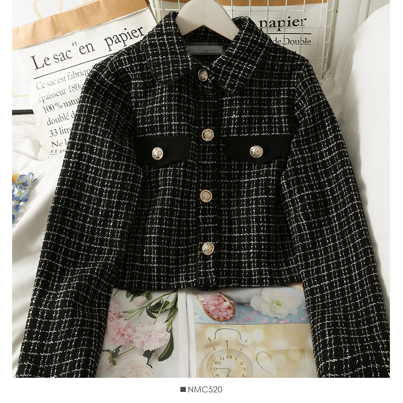 French small Plaid loose Lapel long sleeve small shirt top  2102