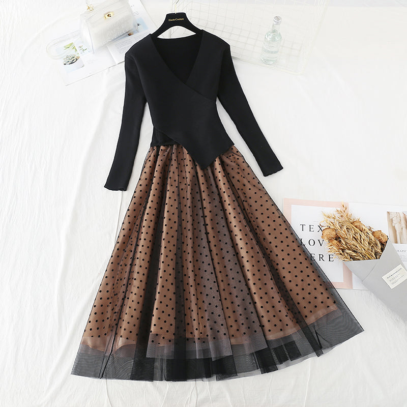 Stitched slim slim temperament gentle storm dot mesh long skirt  2210