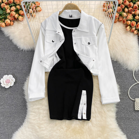 Ensemble deux pièces robe jupe gilet fendue noire 2855
