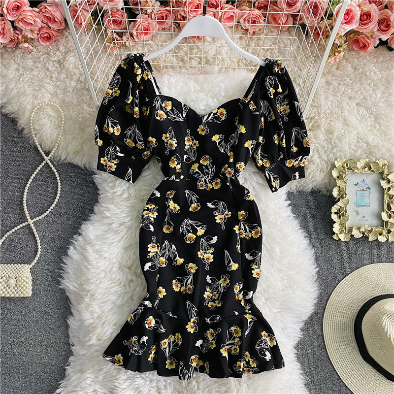 Robe portefeuille à imprimé floral, dos nu, col carré, manches bouffantes, queue de poisson, 2955
