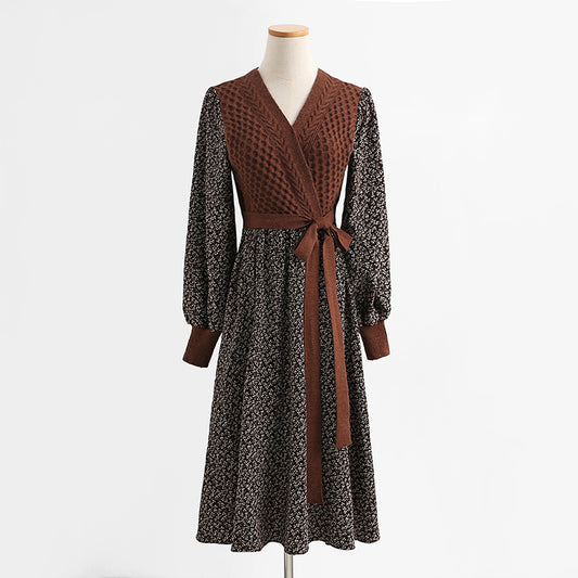 Long sleeved floral wool dress, thin and bottomed skirt  2215
