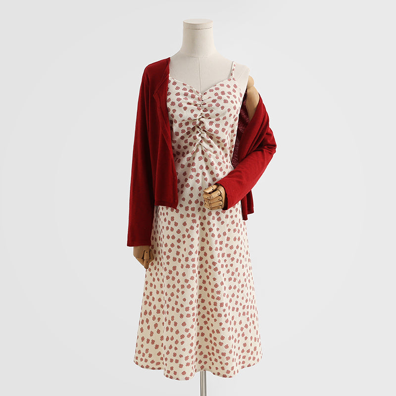 Corduroy dress floral suspender skirt foreign style two-piece temperament long skirt  2151