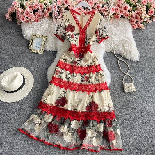 Design sense mesh embroidery waist closing large swing skirt 3300