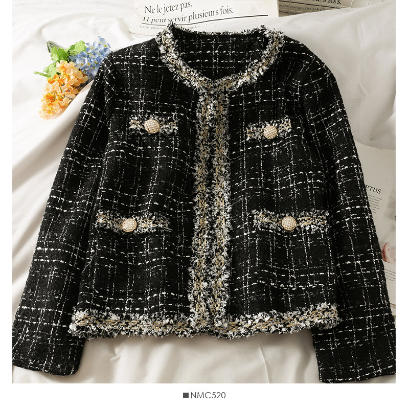 Manteau ample en tweed à carreaux pour femme, col rond, manches longues, soie brillante, laine, automne 2090