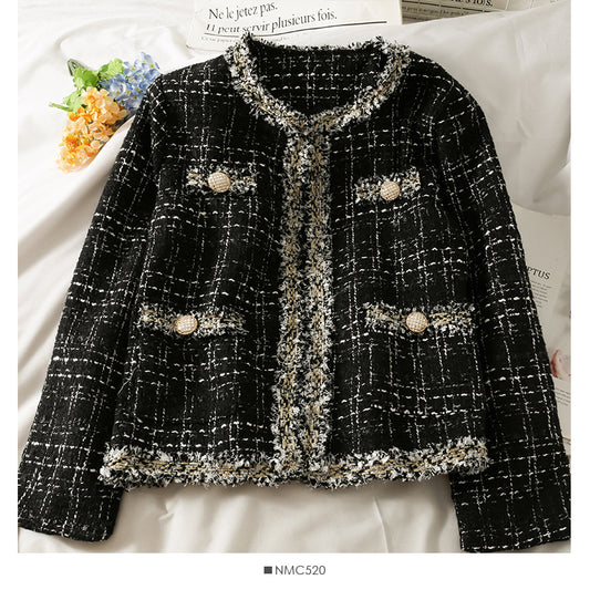 Manteau ample en tweed à carreaux pour femme, col rond, manches longues, soie brillante, laine, automne 2090