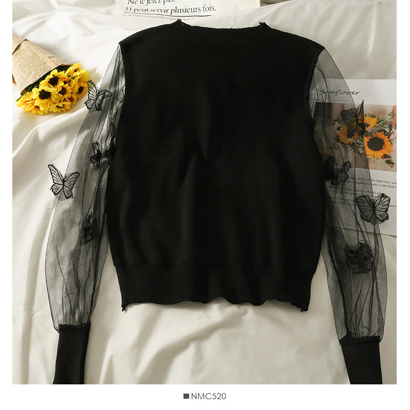 Pull à manches longues en maille cousue en trois dimensions avec motif papillon pour femme 2049