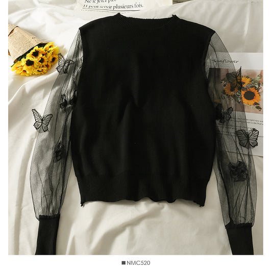 Pull à manches longues en maille cousue en trois dimensions avec motif papillon pour femme 2049