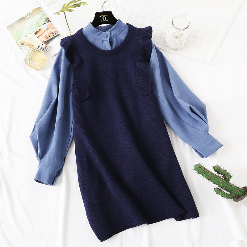 Two piece slim sweater knit vest vest with shirt skirt  2348