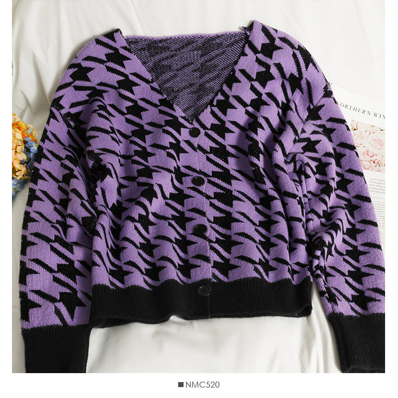 Pull cardigan à col en V à carreaux mille oiseaux violet taro assorti 2032