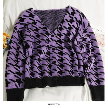 Pull cardigan à col en V à carreaux mille oiseaux violet taro assorti 2032