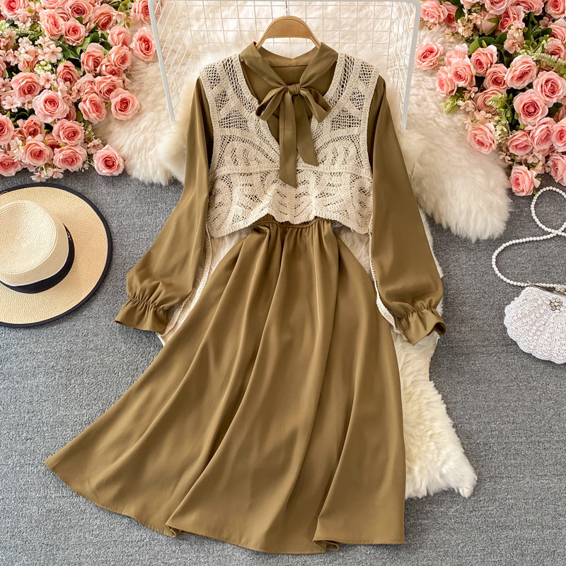Robe coréenne à manches longues et taille fine avec nœud 2862